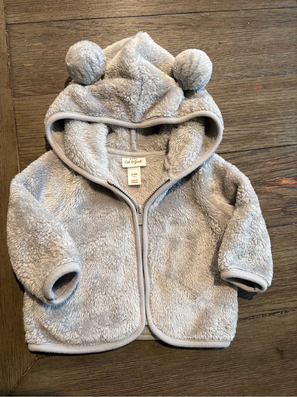Cat & Jack Light Gray Plush Hooded Zip-Up Jacket with Bear Ears 0-3